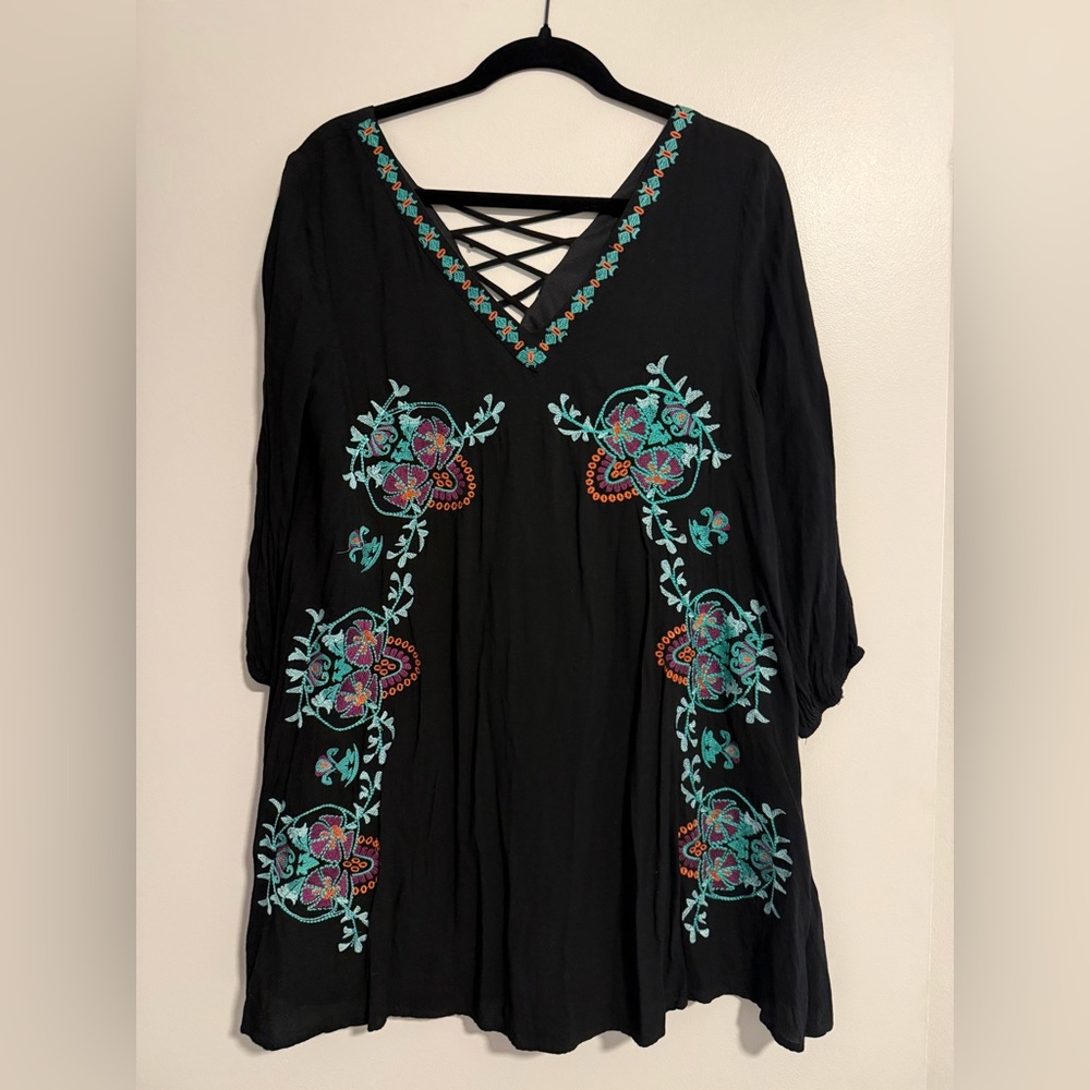 Embroidered Black Tunic Top / Bathing Suit Cover